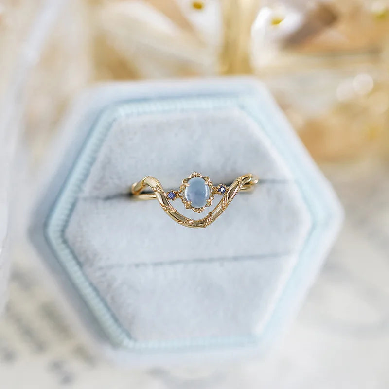 Emotional Factory 925 Sterling Silver 14K Gold Plated Gemstone Geometric Tanzanite Natural Aquamarine Ring Set