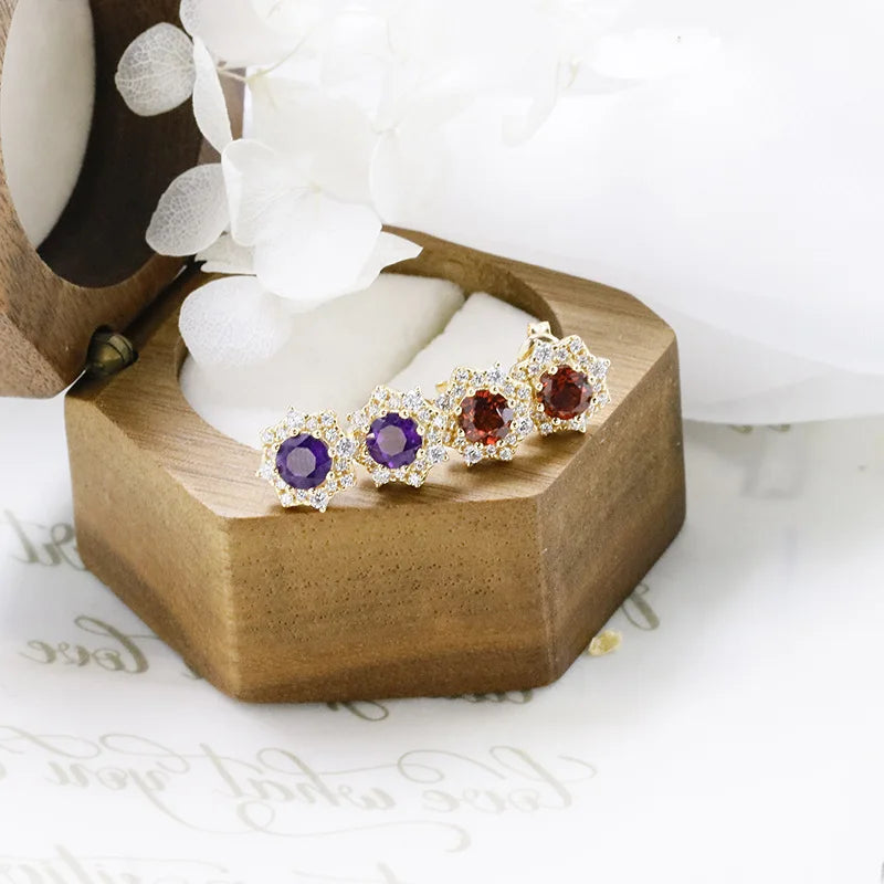 Emotional Factory 925 Sterling Silver 14K Gold Plated Gemstone Cz Zircon Flower Amethyst Garnet Earrings