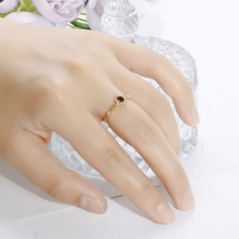 Anel De Prata  925 Sterling Silver 14K Gold Plated Gemstone Vintage Picture Frame Hollow Lace Natural Garnet Ring