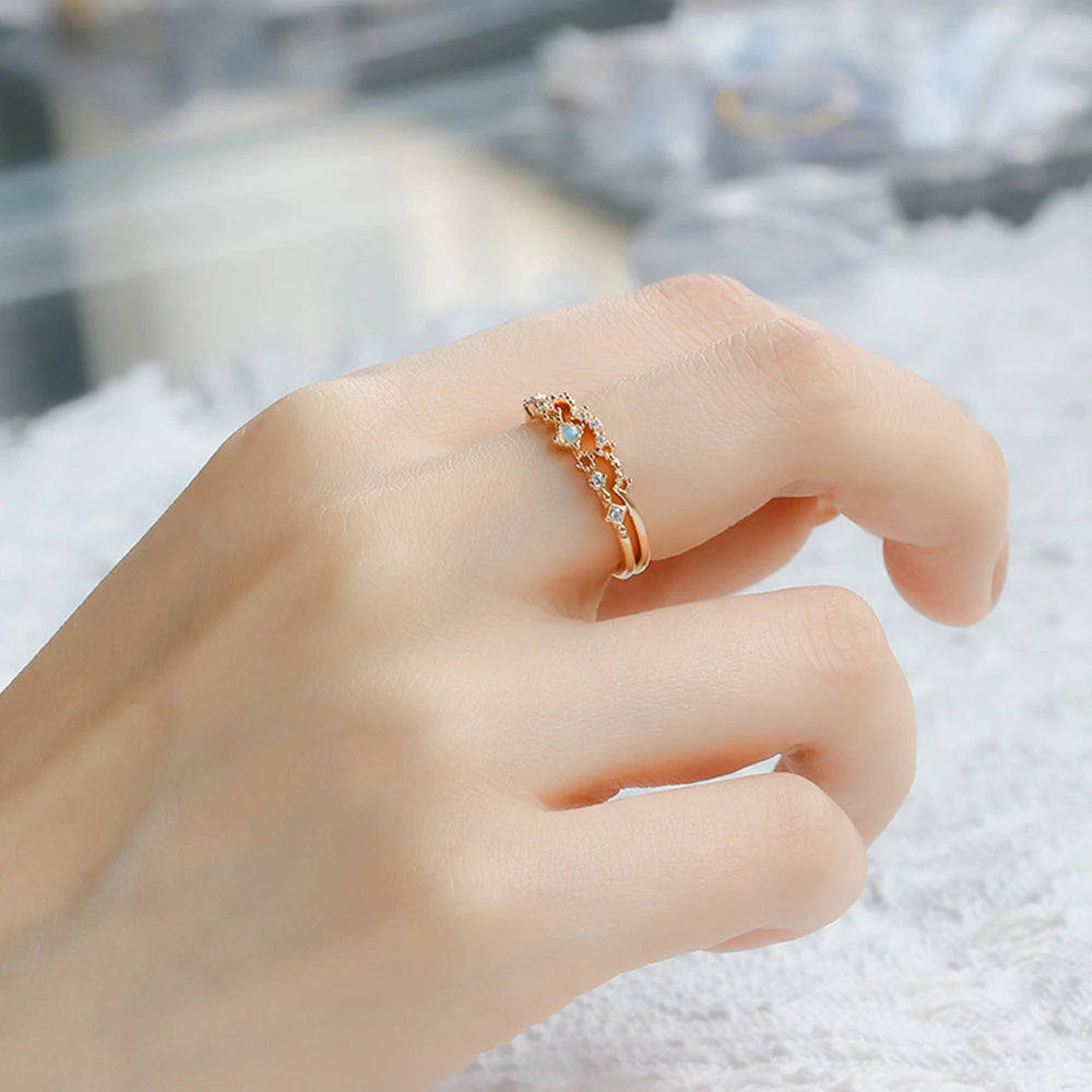 Bague Fleur 925 Sterling Silver 14K Gold Plated Gem Stone Gemstone Retro  Cz Zircon Australian Opal Two Piece Gem Stone Ring Set