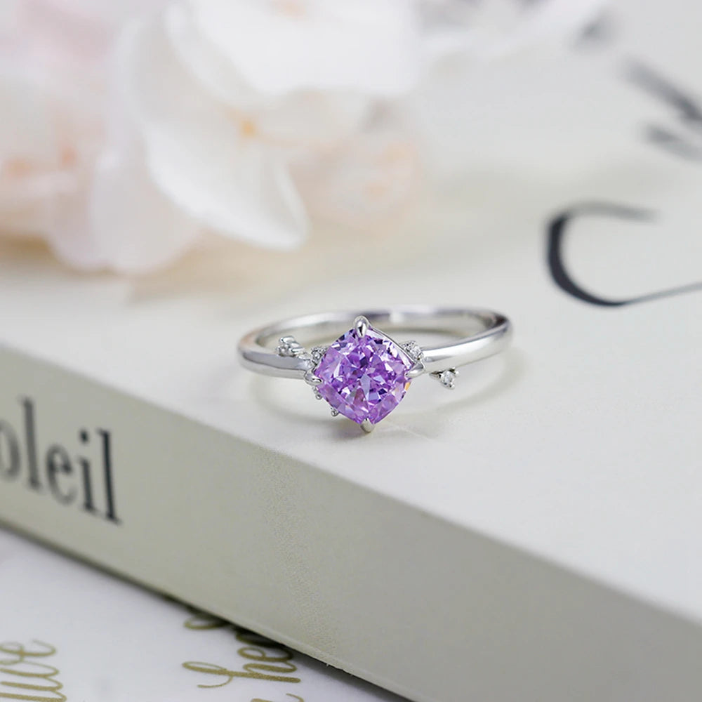 Emotional Factory 925 Sterling Silver 14K Gold Plated Gemstone Retro Cz Zircon Geometric  Square Lavender Topaz Ring