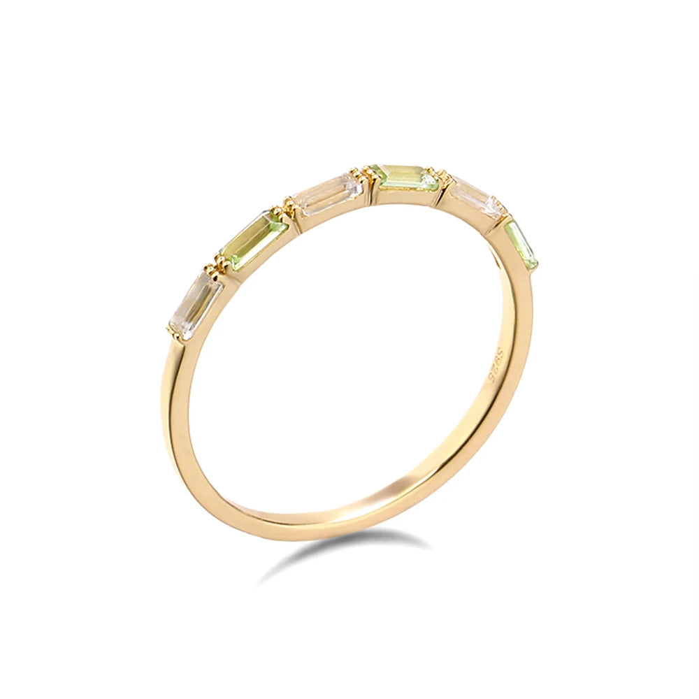 925 Sterling Silver 14K Gold Plated Gemstone White Topaz Peridot Layer Baguette Ring With Natural Stone