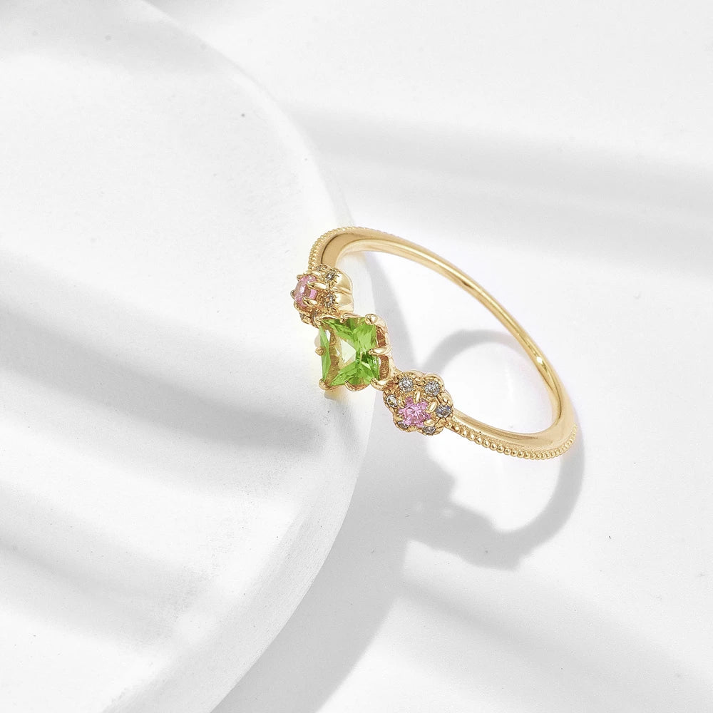 Emotional Factory 925 Sterling Silver 14K Gold Plated Gemstone Series Zircon Flowers Small Fresh Peridot Ring