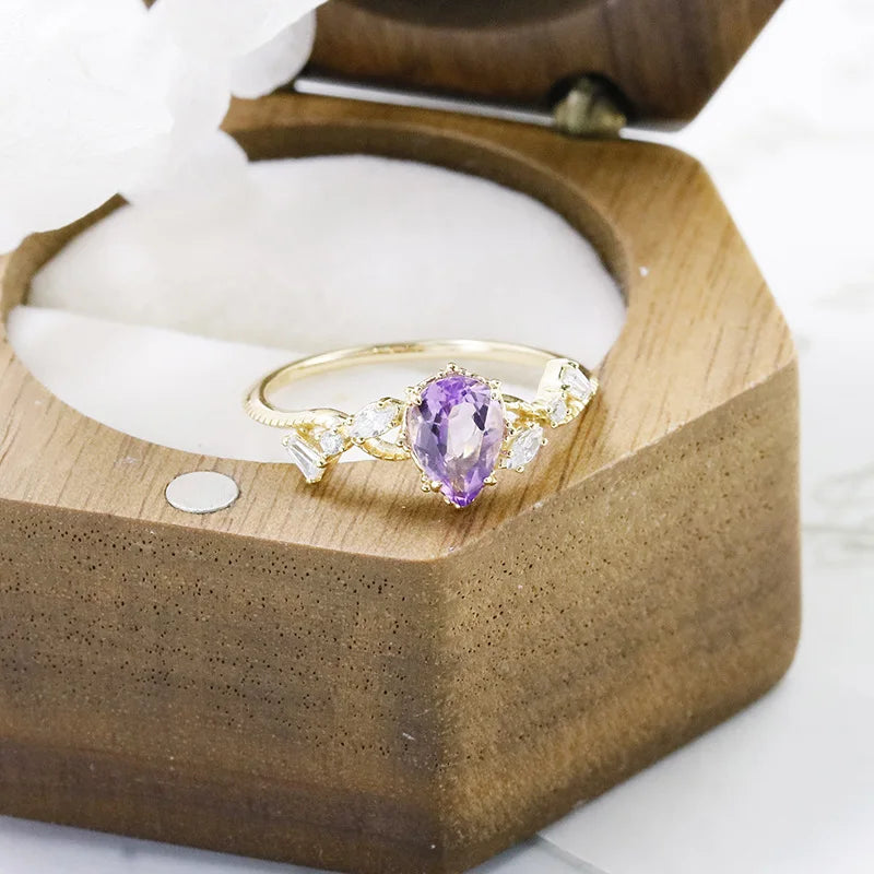 Emotional Factory 925 Sterling Silver 14K Gold Plated Gemstone Cz Zircon Geometrical Natural Amethyst Ring