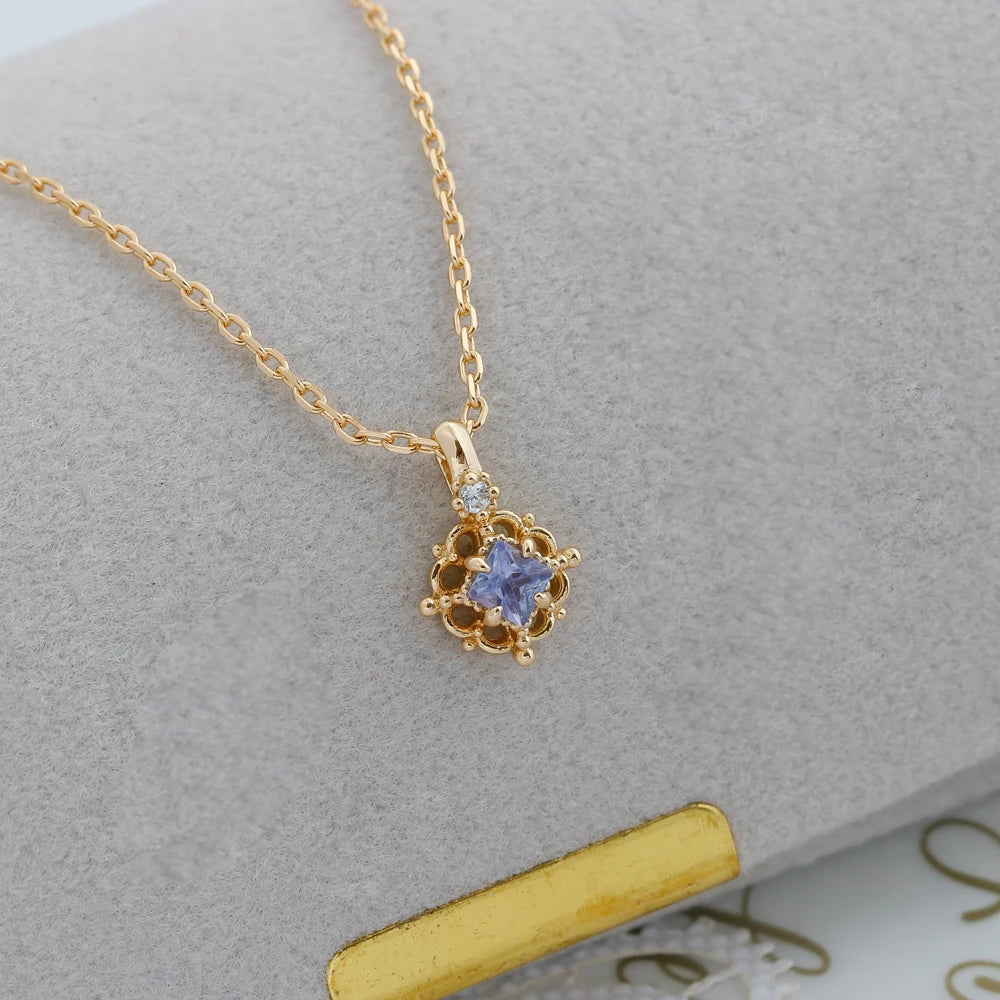 925 Sterling Silver 14K Gold Plated Gemstone Retro Hollow Flower Geometric Square Stone Tanzanite Necklace