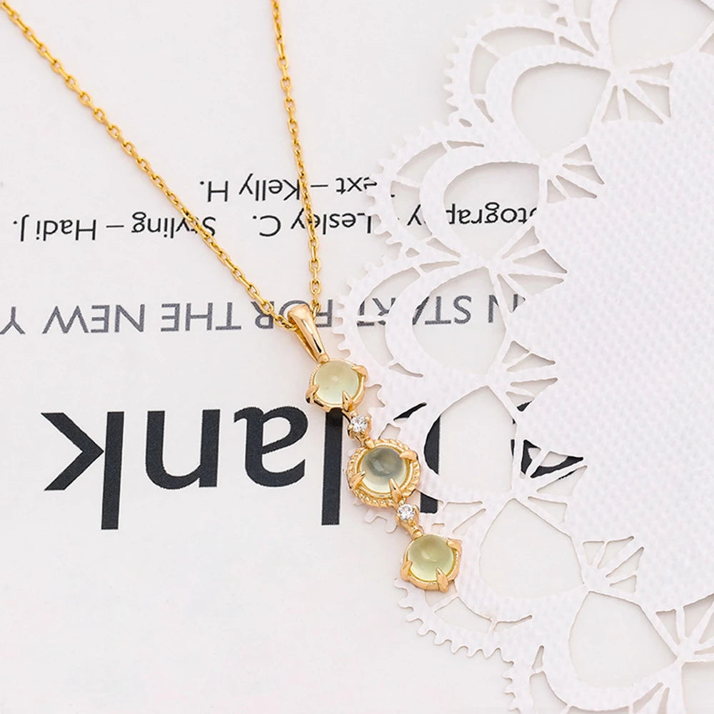 Emotional Factory 925 Sterling Silver 14K Gold Plated Gem Stone Gemstone Retro Cz Zircon Prehnite 3 Stone Necklace