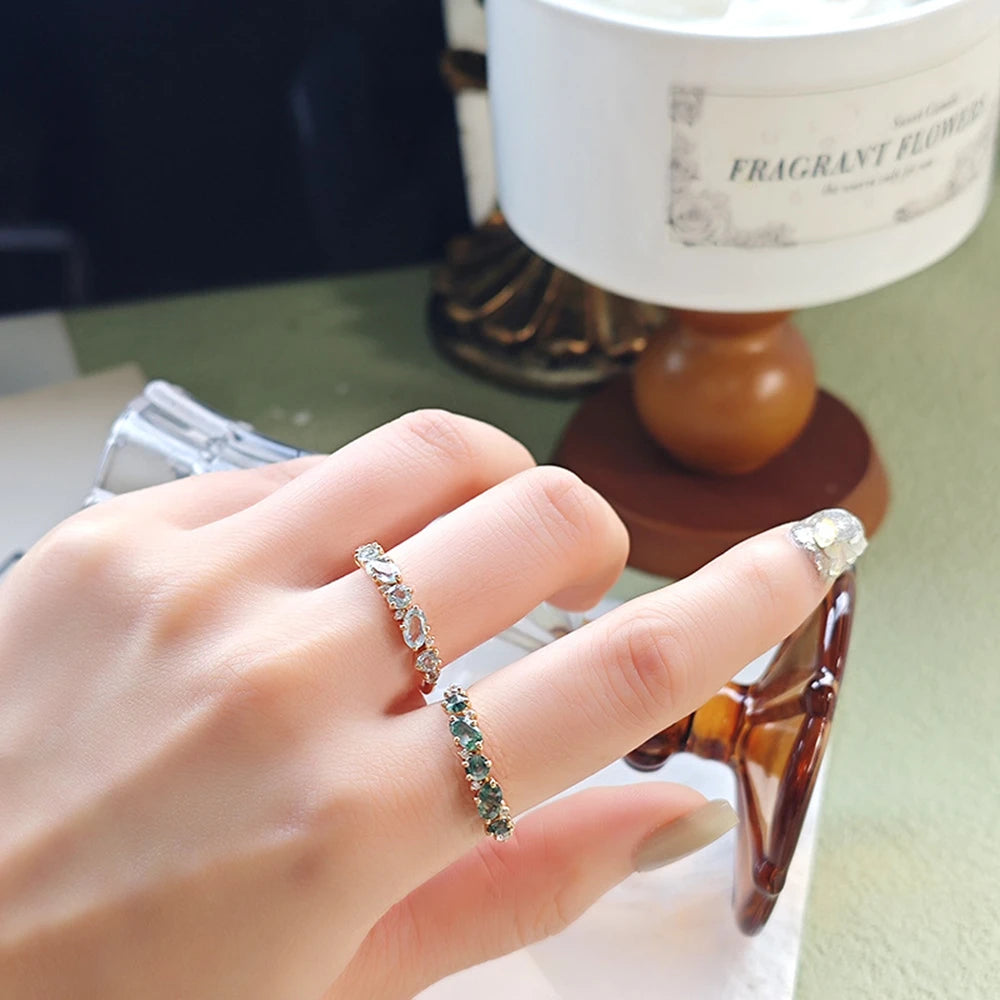 Joyeria Oro Laminado 925 Sterling Silver 14K Gold Plated Gemstone Staggered Gem-Setting Geometric Round Stone Moss Agate Ring