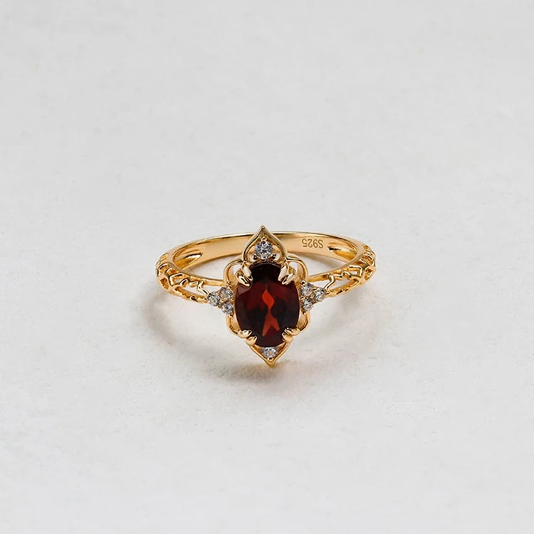 Emotional Factory 925 Sterling Silver 14K Gold Plated Gem Stone Gemstone Retro  Cz Zircon Geometric Flower Red Garnet Ring