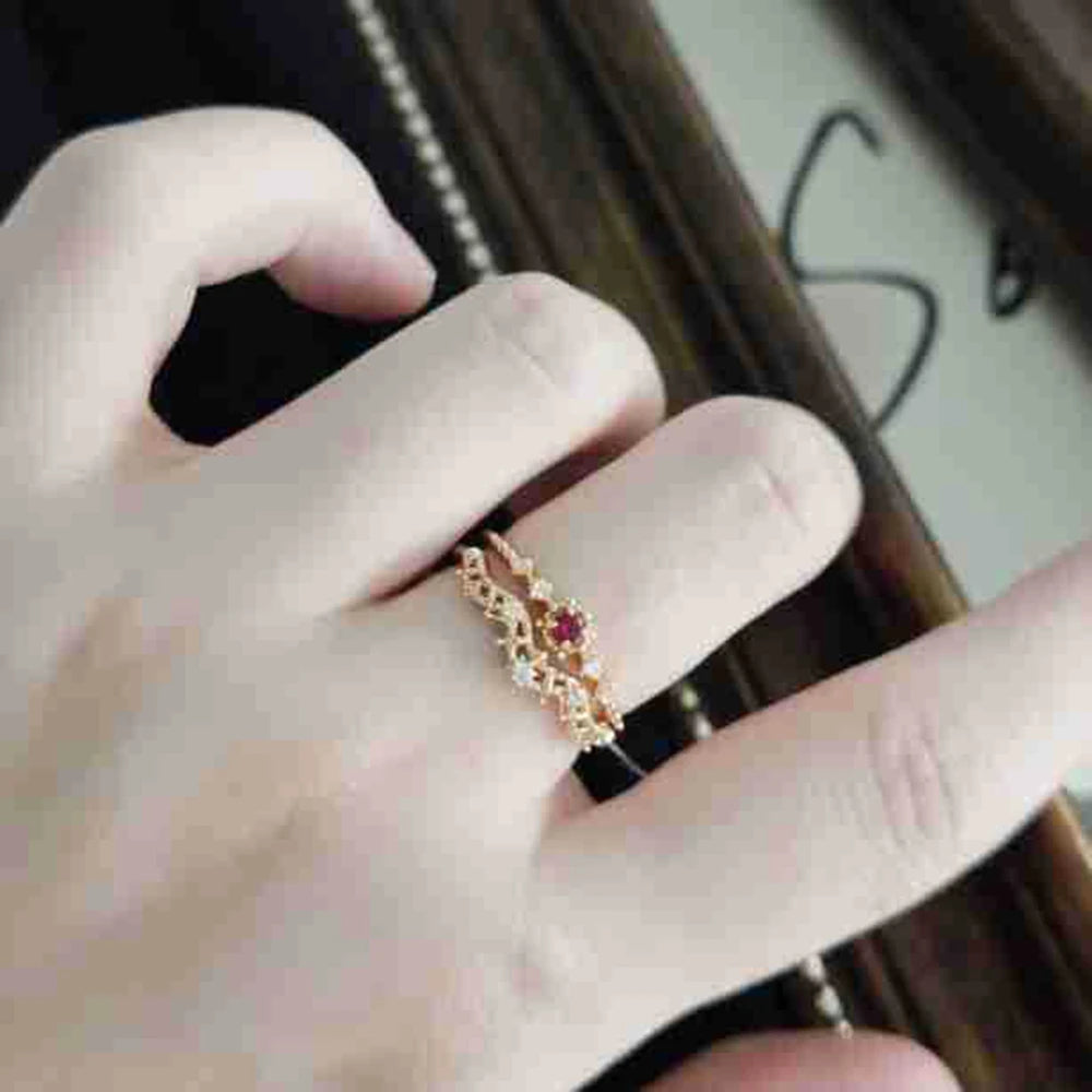 Emotional Factory 925 Sterling Silver 14K Gold Plated Gem Stone Gemstone Simplicity Single Round Stone Lab-Grown Ruby Ring