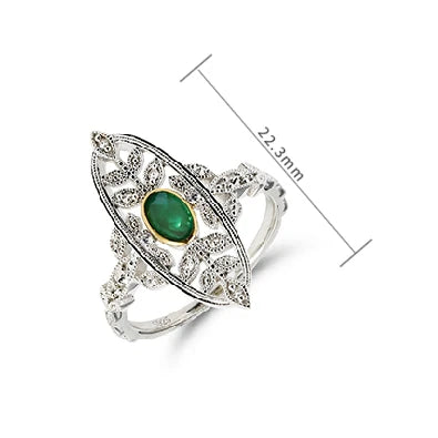 Emotional Bijou Factory 925 Sterling Silver 14K Gold Plated Gemstone Retro Cz Zircon Hollow Leaf Chrysoprase Ring