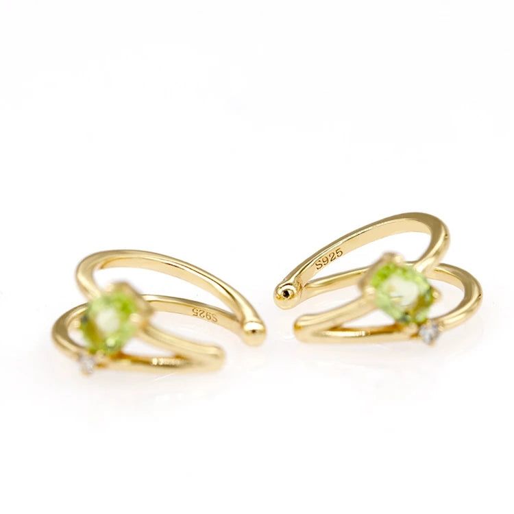 Emotional Factory 925 Sterling Silver 14K Gold Plated Gemstone Olive Green Stone Ring Zircon Ear Clip Earrings