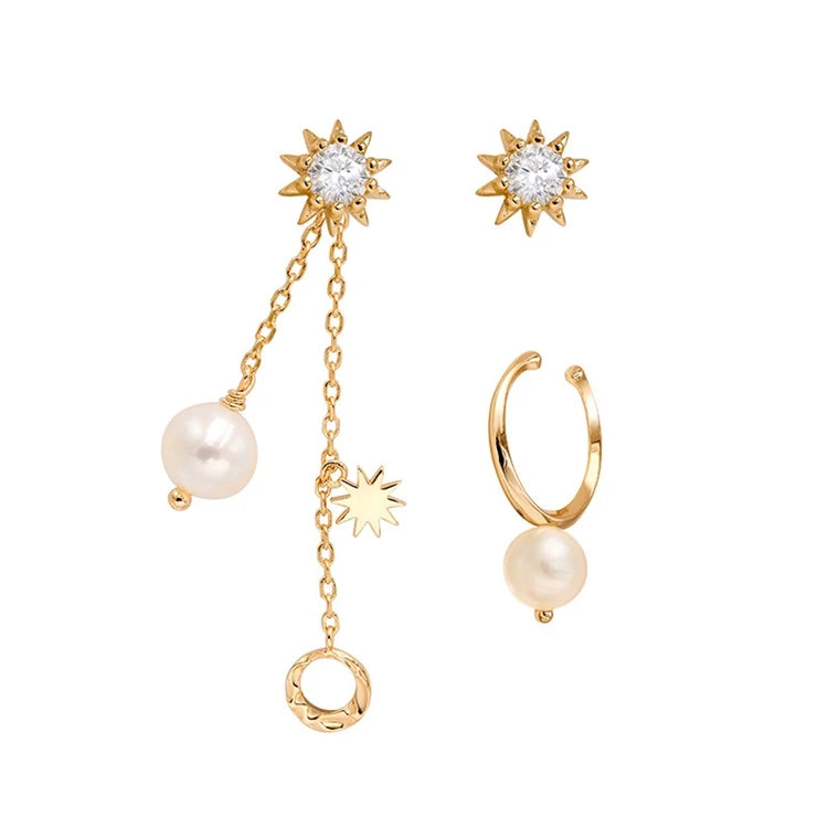 Emotional Factory 925 Sterling Silver 14K Gold Plated Gemstone Tassels Zircon Star Pearl Stud Hoop Earrings Set