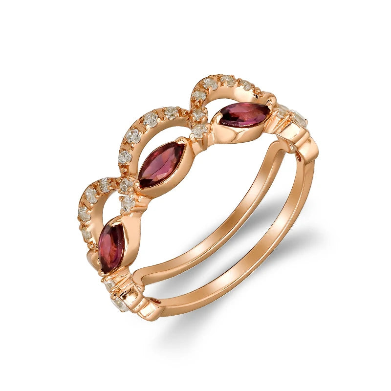 14K Gold Plated Sterling Silver Ring Set With Purplish Red Garnet Japanese Light Luxury Style