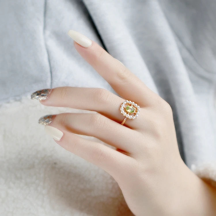 925 Sterling Silver 14K Gold Plated Gemstone Hollow Cross Green Peridot Geometry Pearl Ring