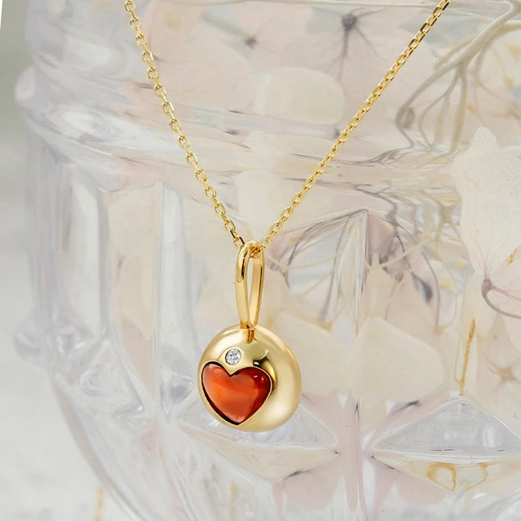 Emotional Factory 925 Sterling Silver 14K Gold Plated Gemstone Heart Love Rutile Red Garnet Necklace