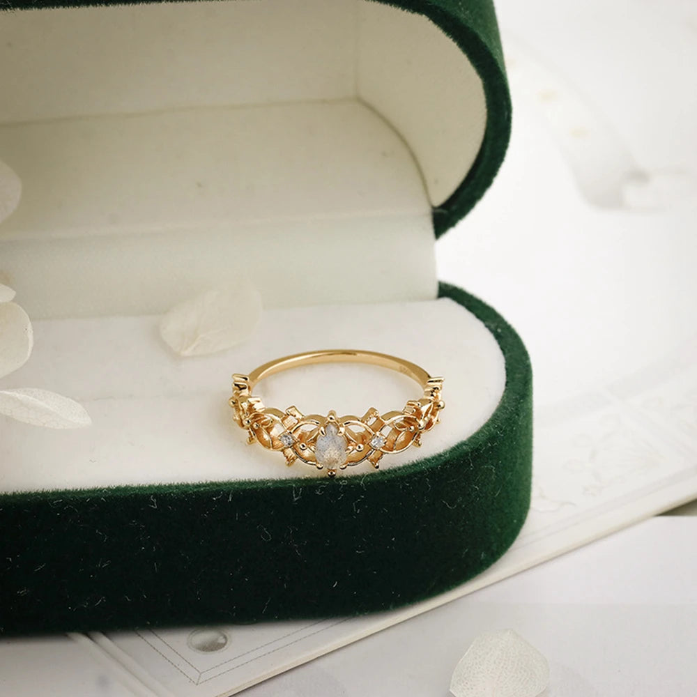 Emotional Anillos 925 Sterling Silver 14K Gold Plated Gem Stone Gemstone Cz Zircon Fashion Hollow Simple Clover Labradorite Ring
