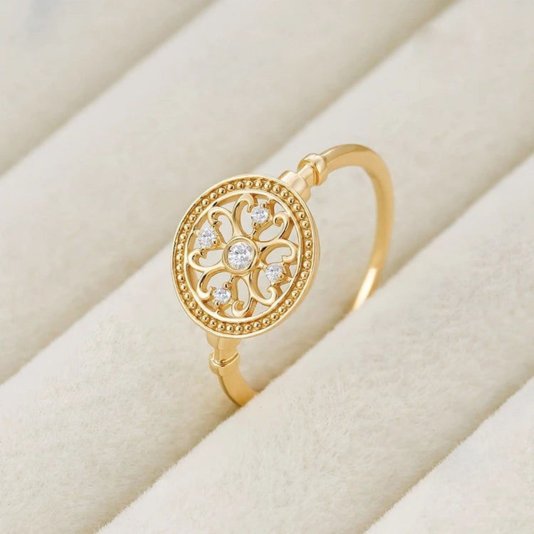 Emotional Factory 925 Sterling Silver 14K Gold Plated Retro Hollow Pattern Geometry Zircon Round Ring