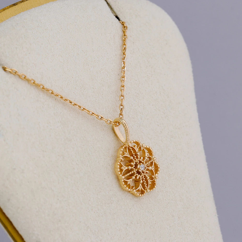 Emotional Factory 925 Sterling Silver 14K Gold Plated Gem Stone Gemstone Retro Hollow Camellia Flower Patterned Petal Pendant