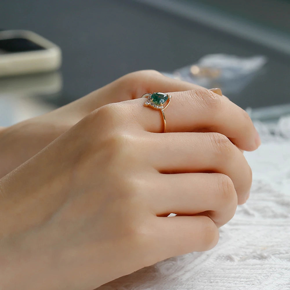 925 Sterling Silver 14K Gold Plated Gemstone Cz Zircon Hollow Moss Agate Ring With Natural Stone