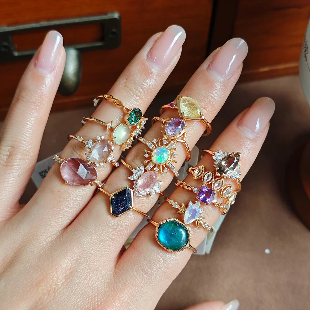 Emotional Bijoux 925 Sterling Silver Gold Jewelry Gemstone Custom Birthstone Cz Moonstone Labradorite Shell Chalcedony Jade Ring
