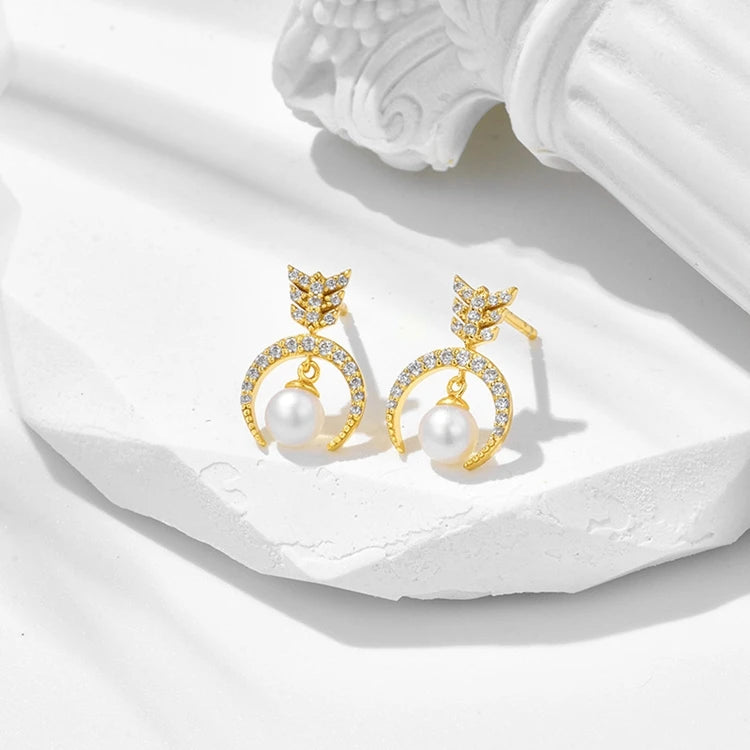 Emotional Factory 925 Sterling Silver 14K Gold Plated Gemstones Arrowhead Arrow Moon Natural Freshwater Pearl Stud Earrings