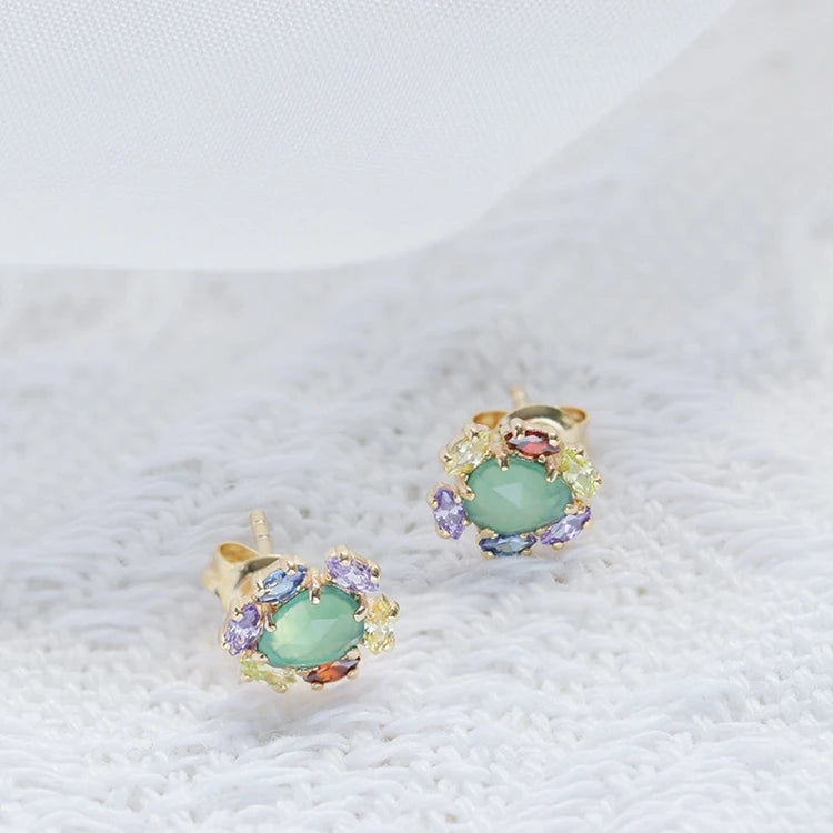 925 Sterling Silver 14K Gold Plated Gemstones Colourful Rainbow Red Garnet Natural Green Chalcedony Crystal Earrings