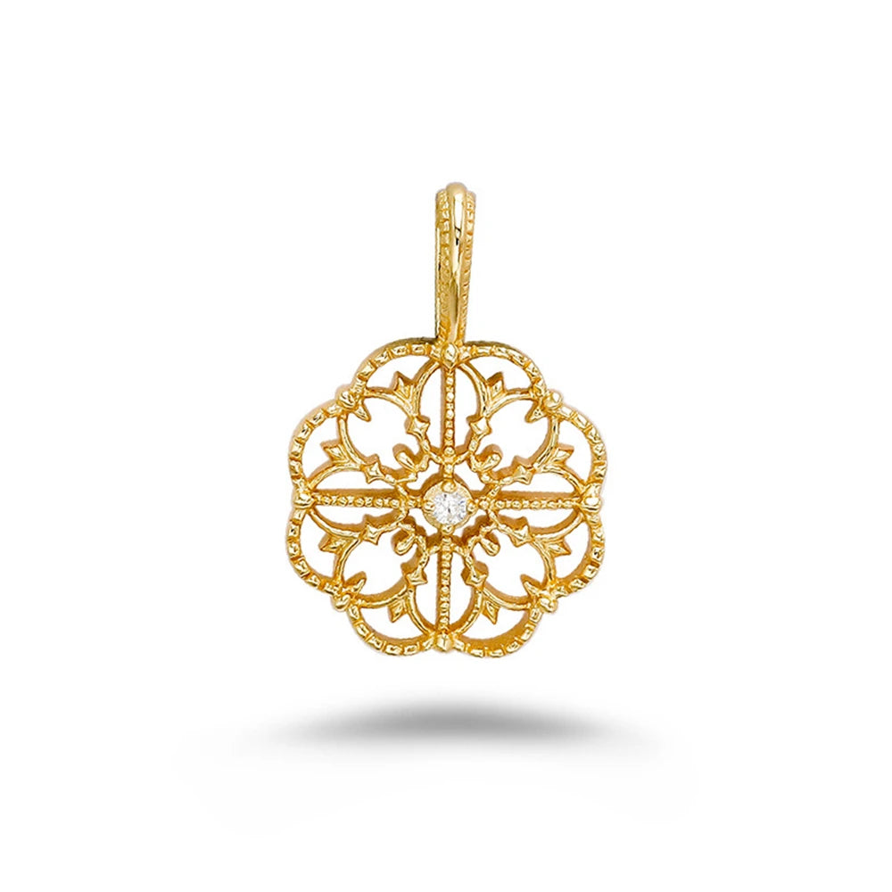 Emotional Factory 925 Sterling Silver 14K Gold Plated Gem Stone Gemstone Retro Hollow Camellia Flower Patterned Petal Pendant