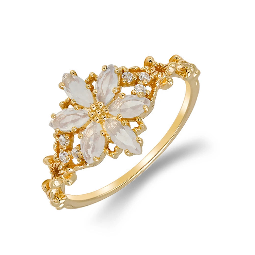 925 Sterling Silver 14K Gold Plated Gemstone Retro Hollow Flower Tanzanite Zircon Synthetic Artificial Opal Ring