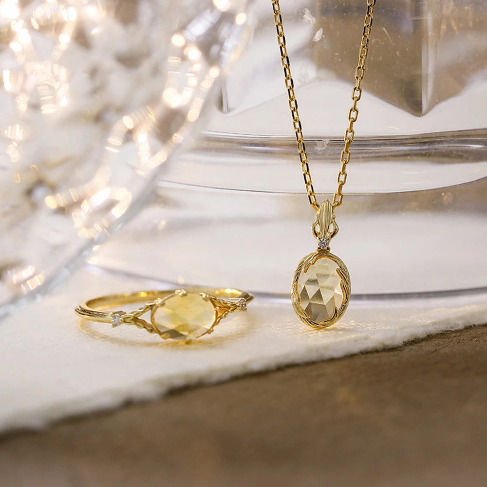 Emotional Factory 925 Sterling Silver 14K Gold Plated Gemstone Geometrical Egg-Shaped Spring Flowers Citrine Necklace