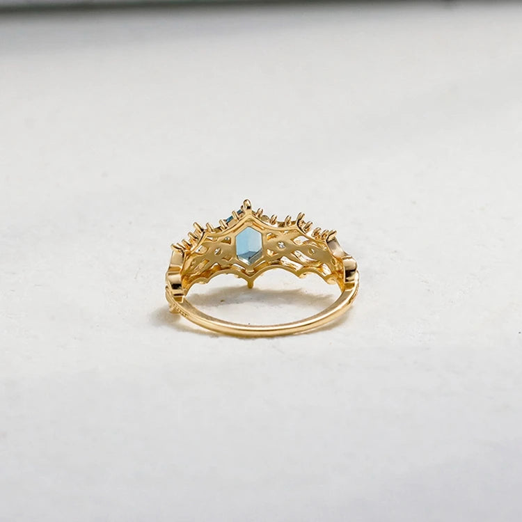Emotional Factory 925 Sterling Silver 14K Gold Plated Gem Stone Gemstone Cz Zircon Geometric Lace London Blue Topaz Ring