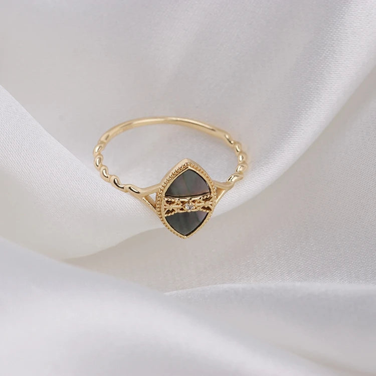 Emotional Factory 925 Sterling Silver 14K Gold Plated Gemstones Zircon Black Phantom Abalone Shell Ring