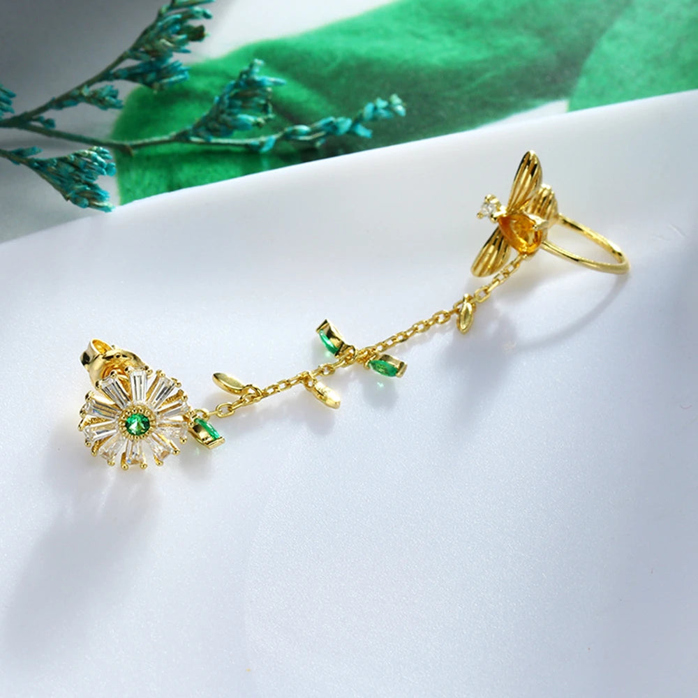 Emotional Factory 925 Sterling Silver 14K Gold Plated Gemstone Animal Series Single Bee Daisy  Citrine Stud Earrings