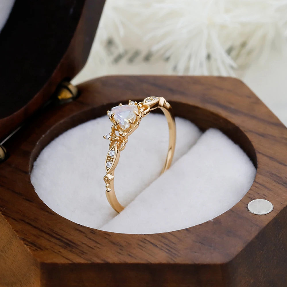 Emotional  925 Sterling Silver 14K Gold Plated Gem Stone Gemstone Hollow Geometric Triangle Retro Cz Zircon Moonstone Ring