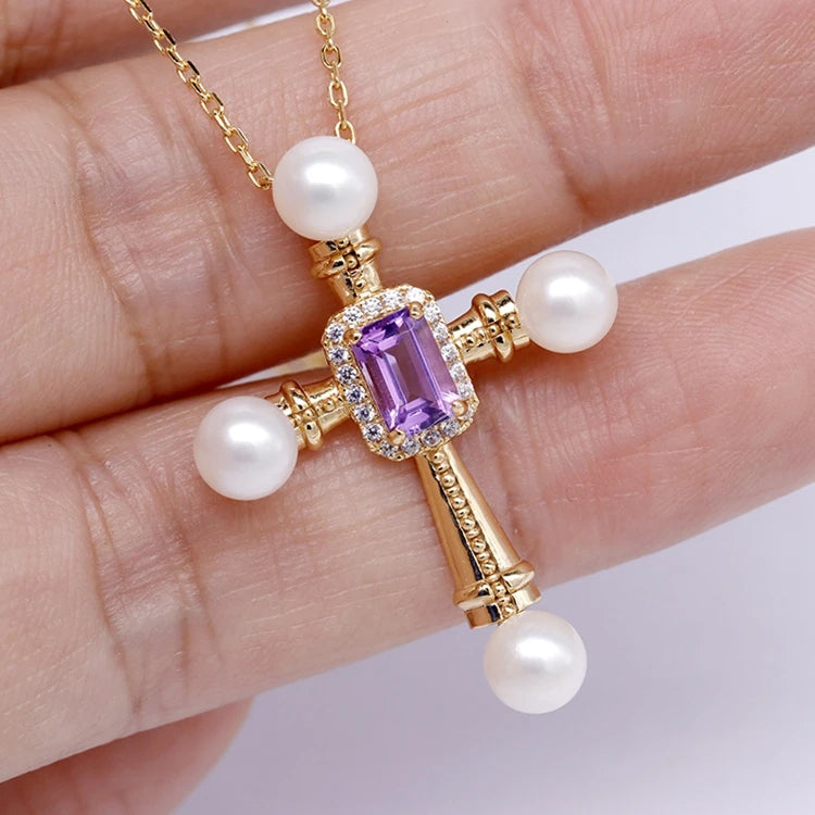 Emotional Factory 925 Sterling Silver 14K Gold Plated Gemstone Amethyst Natural Freshwater Pearls Cross Necklace