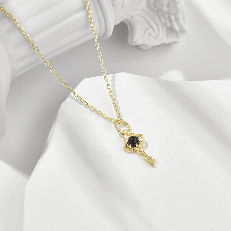 Emotional Factory 925 Sterling Silver 14K Gold Plated Gemstones Custom Gem Jewelry Natural Black Onyx Key Pendant Necklace