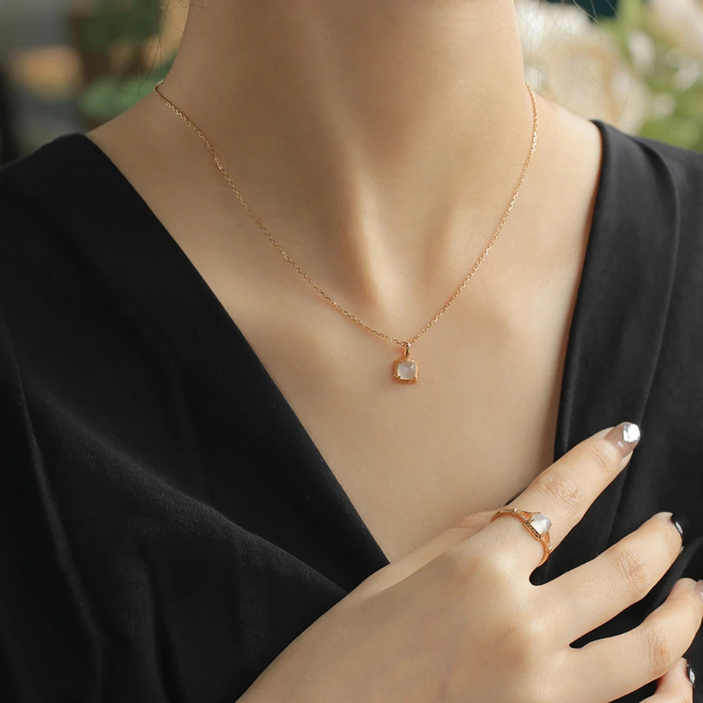 925 Sterling Silver 14K Gold Plated Gem Stone  Geometric Moonstone Sky Blue Topaz Double Stone Combinatorial Pendant Necklace