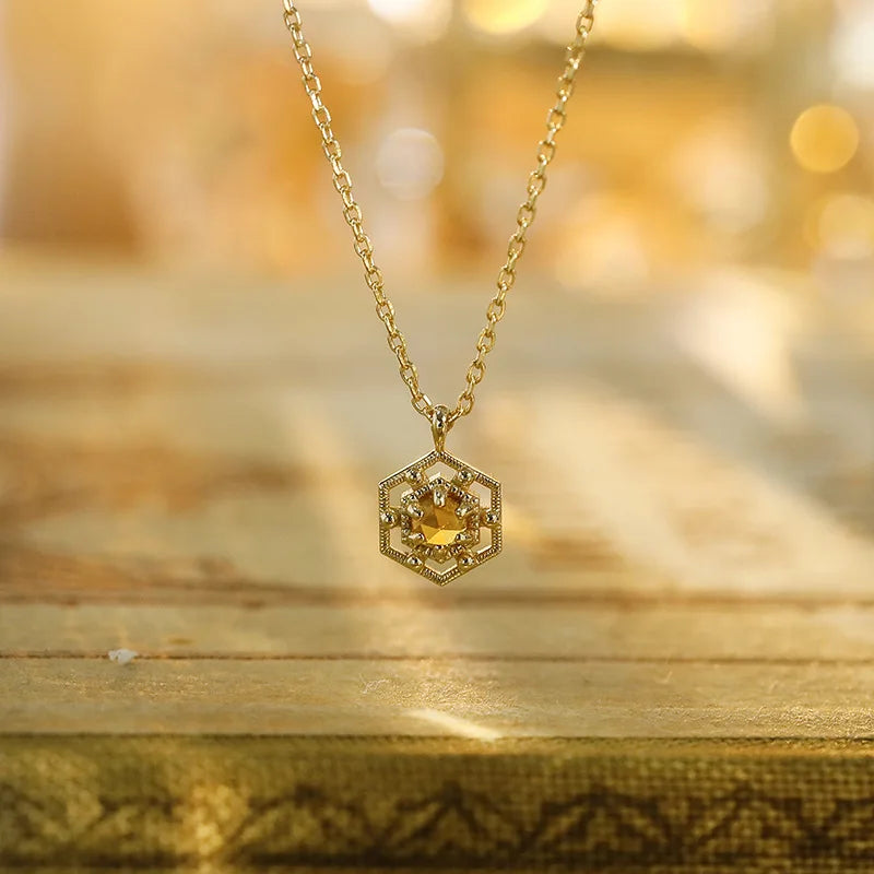 Emotional Factory 925 Sterling Silver 14K Gold Plated Gemstone Lace Hollow Geometric Citrine Peridot Necklace