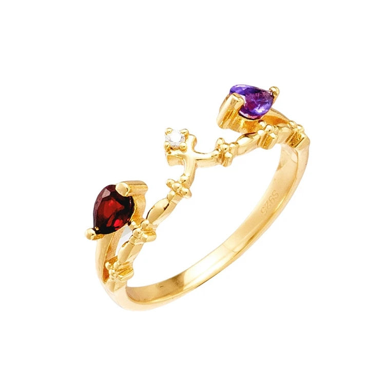 Emotional Factory 925 Sterling Silver 14K Gold Plated Gemstone Colorful Gems Amethyst Red Garnet Ring