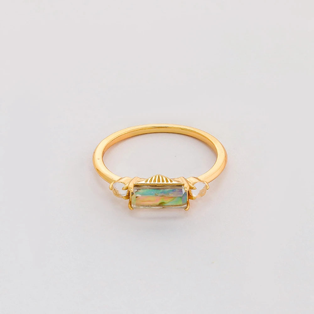 Gem Stone Gemstone Geometric Rectangle Rock Crystal Abalone Ring