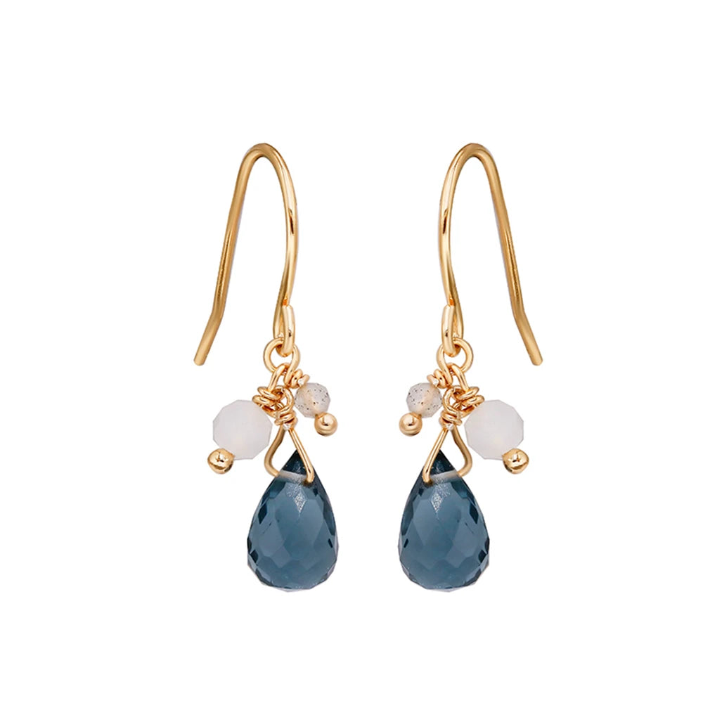 925 Sterling Silver 14K Gold Plated Gemstone Cz Zircon Teardrop Blue Quartz Stone Earrings