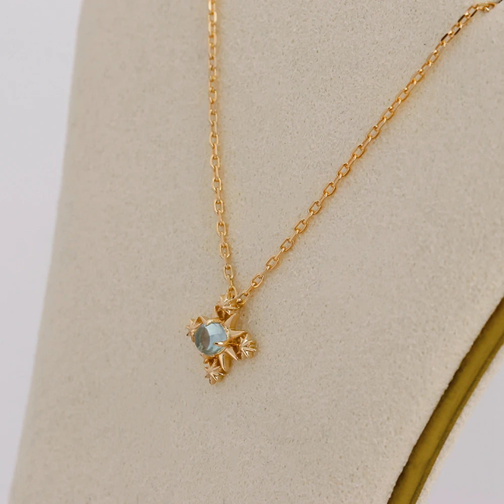 925 Sterling Silver 14K Gold Plated Gemstone Retro Geometric Circle Round Star Apatite Necklace