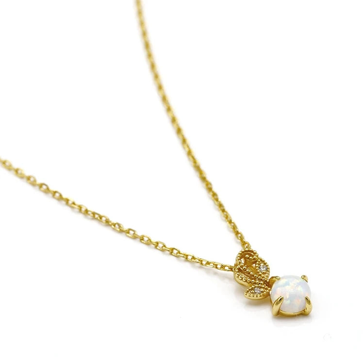 925 Sterling Silver 14K Gold Plated Gemstone Round Gem Stone Leaves Synthetic Opal Necklace
