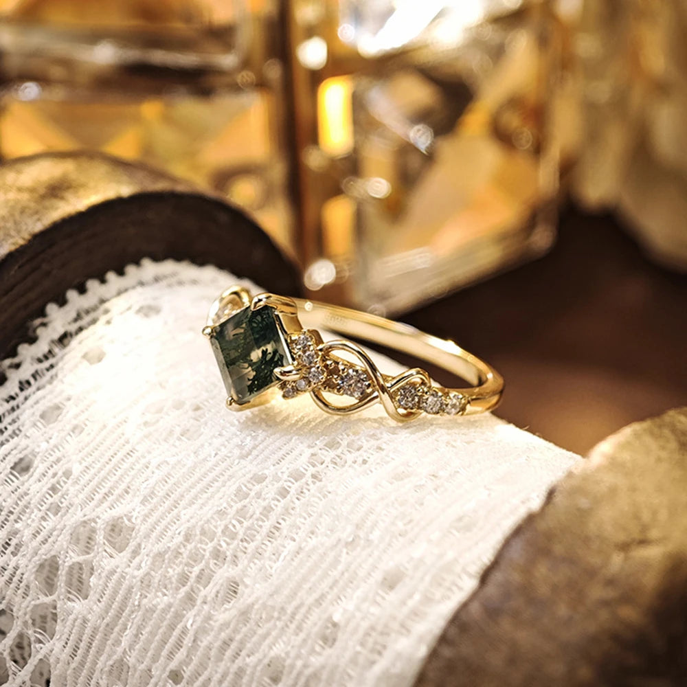 Emotional Joyeria De Plata  Factory 925 Sterling Silver 14K Gold Plated Gemstone Geometric Square Moss Agate Ring