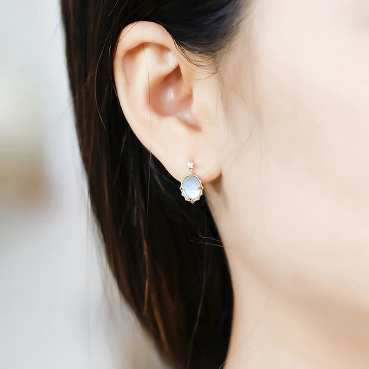Emotional 925 Sterling Silver 14K Gold Plated Gem Stone Gemstone Retro  Cz Zircon Round White Shell Sky Blue Glass Earrings