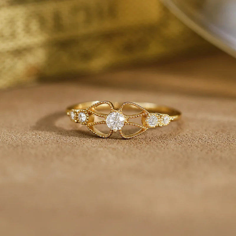 Emotional Factory 925 Sterling Silver 14K Gold Plated Gemstone Cz Zircon Moissanite Lace Hollow Ring