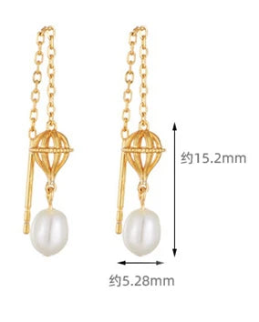 Emotional Factory 925 Sterling Silver 14K Gold Plated Gemstone Cage Basket Pearl String Earrings