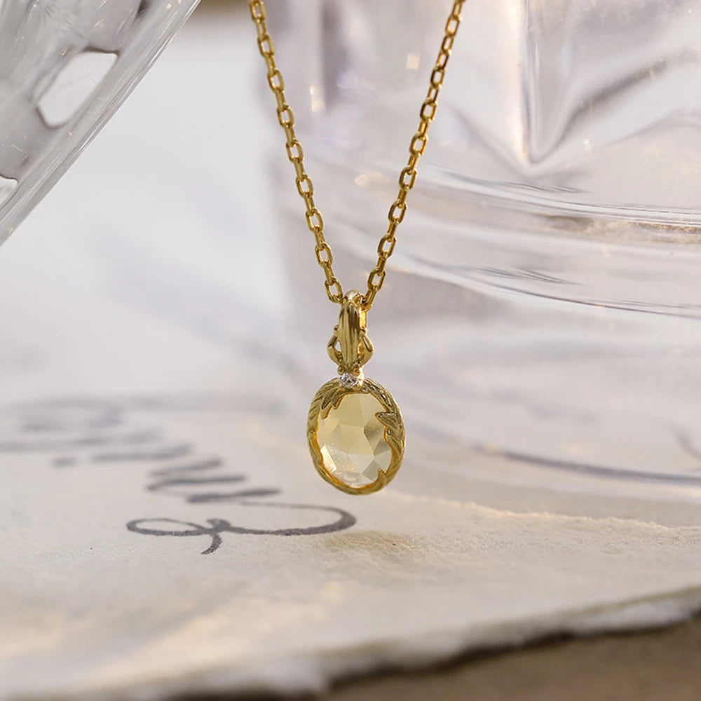 Emotional Factory 925 Sterling Silver 14K Gold Plated Gemstone Geometrical Egg-Shaped Spring Flowers Citrine Necklace