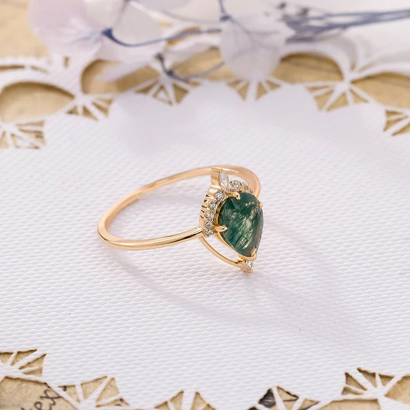 Luxury Fashion Jewelry Women's Gift Boutique Green Moss Agate 925 Sterling Silver Ring Electroplated 14K Gemstone Ring