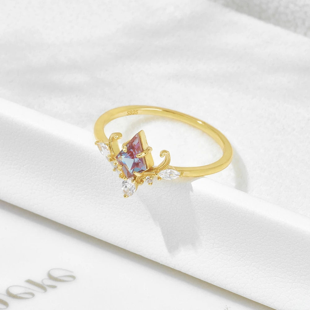 Factory Anel 925 Sterling Silver 14K Gold Plated Gemstones Alexander Color Changing Gemstone Royal Luxury Rhombus Stone Ring