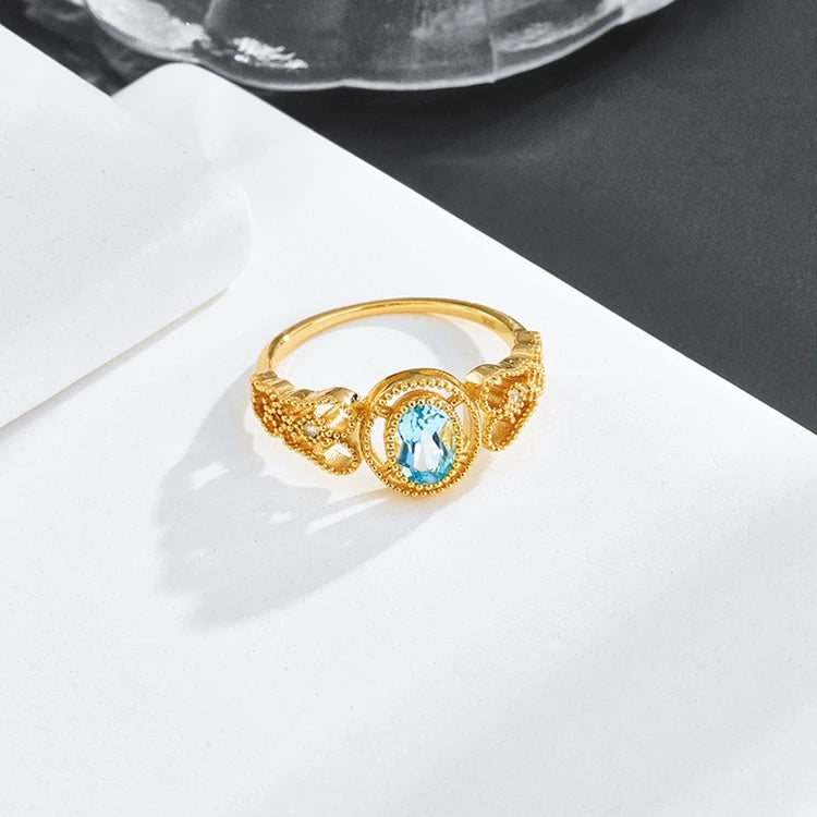 Emotional Factory 925 Sterling Silver 14K Gold Plated Gemstone Natural Blue Topaz Pattern Royal Style Ring